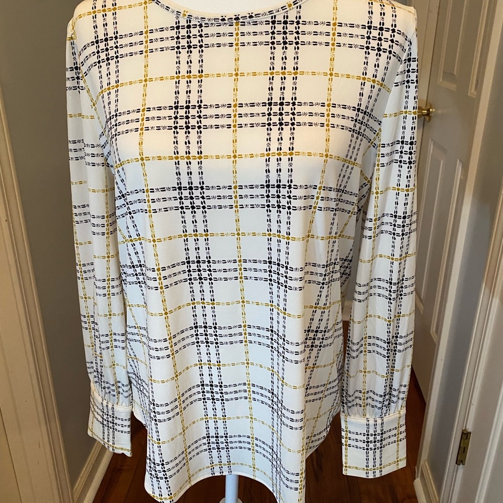 Ann Taylor Factory White Blouse with Yellow and Black Plaid